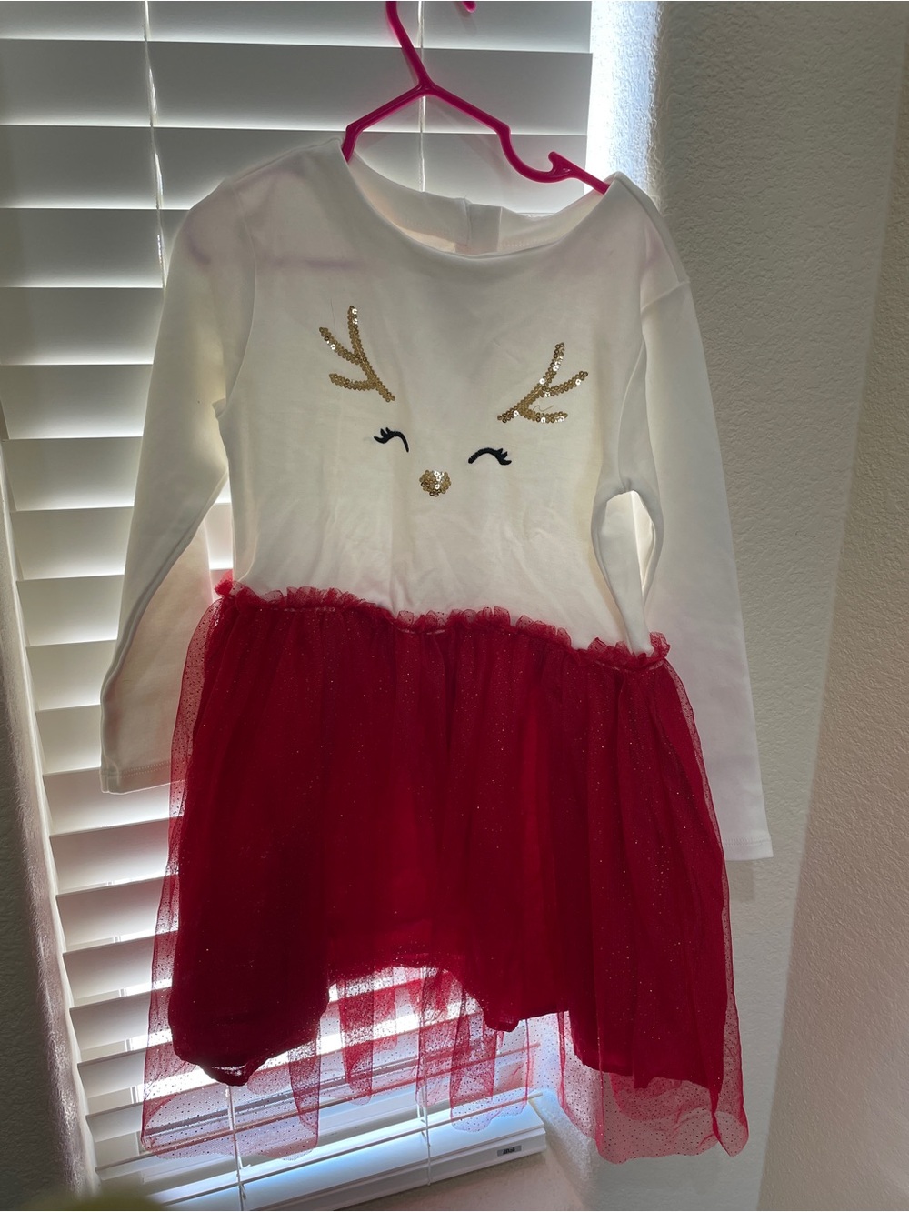 Girls White Long-Sleeve Reindeer Top with Red Glitter Tulle Skirt